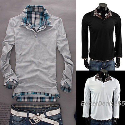 B20E Korean Style 2 Collar Check Polo long Sleeves T shirt Men 4 Size 