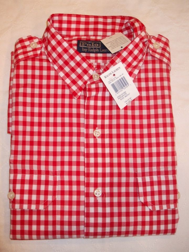 NEW MEN’S POLO RALPH LAUREN S/S BUTTON DOWN SHIRT, RED/WHITE GINGHAM 