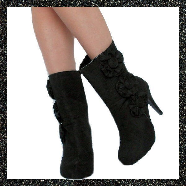 Black Brushed Suede Floral ROSETTE High Heel Mid Calf Boots by Liliana