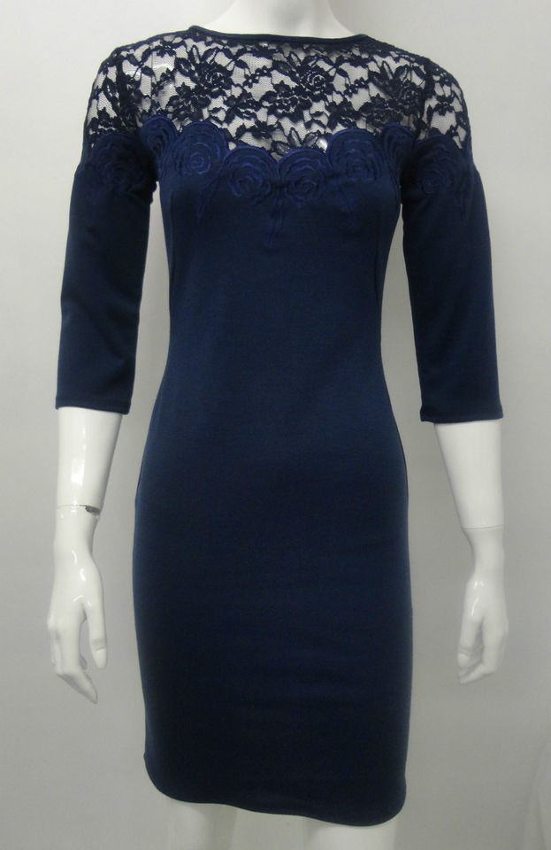   Kate Middleton Navy Blue Fitted Dress With Lace Detail & 3/4 Sleeves