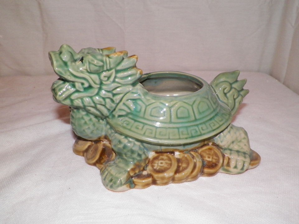   DRAGON TURTLE LUCK COINS PLANTER PLANT BAMBOO POT CERAMIC GLAZED