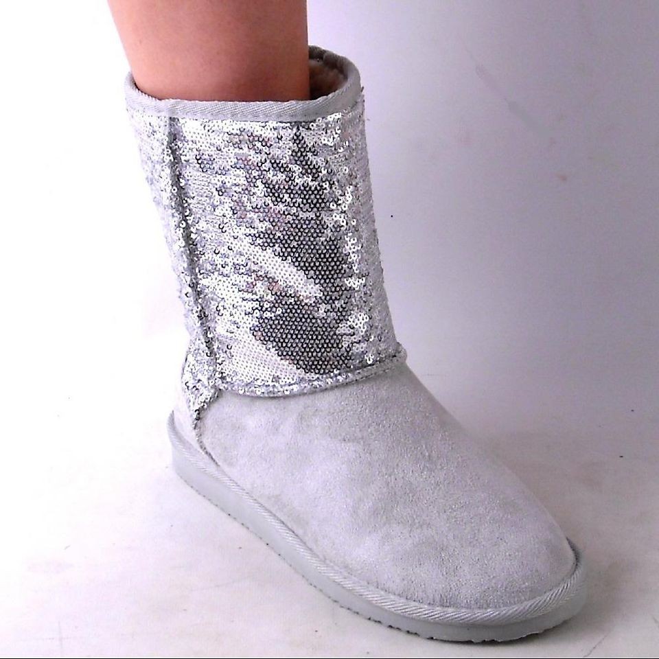 NEW WOMENS SILVER SEQUIN GRAY SHORT SHAFT WINTER BOOTS SIZE 7.5