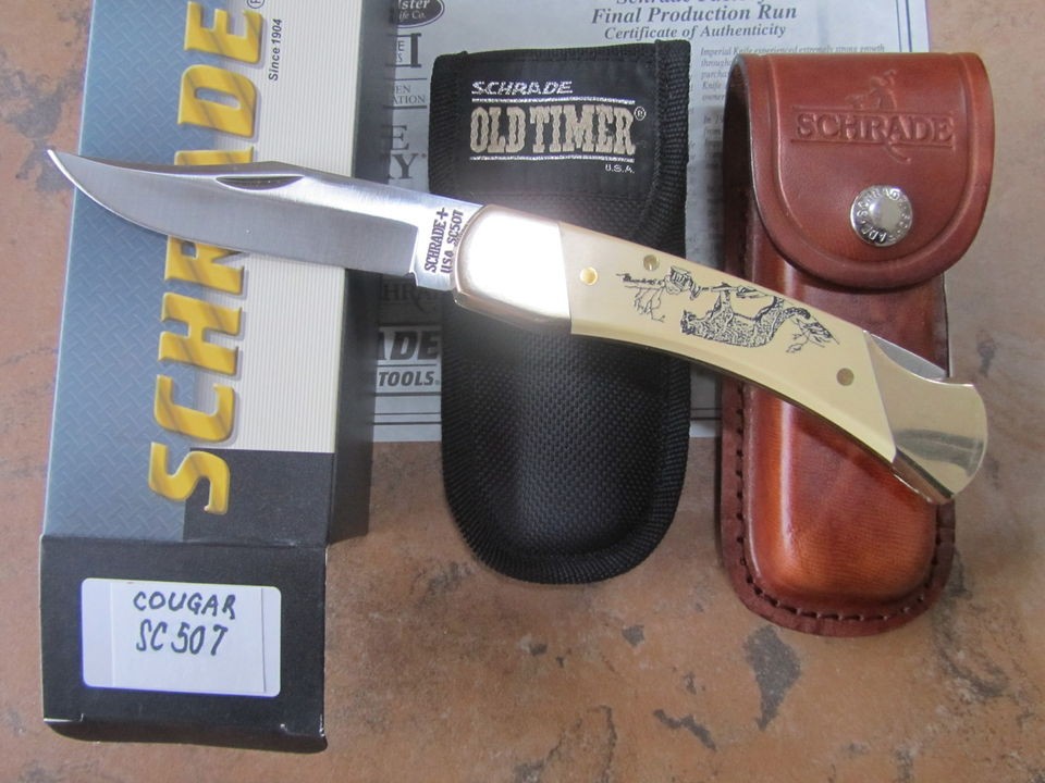   SCRIMSHAW COUGAR 507 KNIFE SC507 LB7 OLD with LEATHER/ NYLON SHEATH