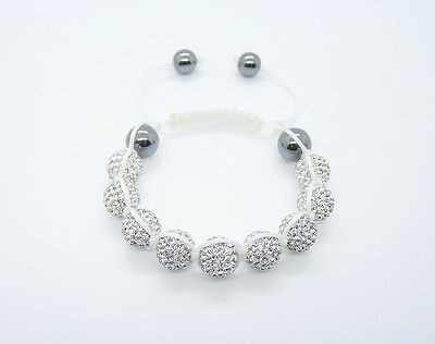   White Shamballa 9 Disco Ball 10mm Crystal Bead Adjustable Bracelet