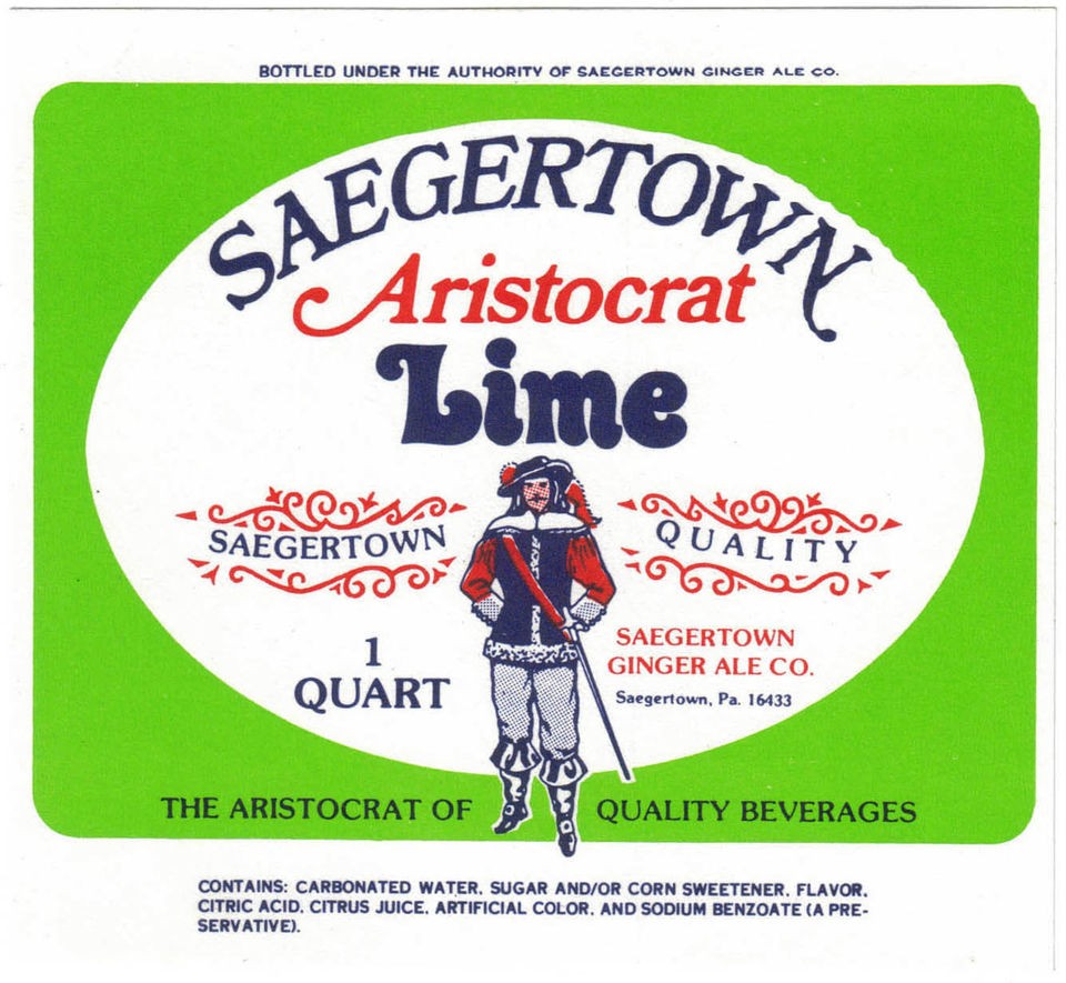 Old soda pop bottle label SAEGERTOWN ARISTOCRAT LIME man pictured 