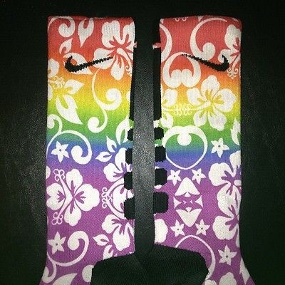 Custom Hawaiian Print Rainbow Nike Elite Basketball Crew Socks MEDIUM