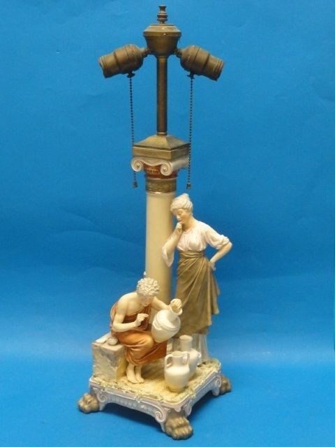 ANTIQUE ROYAL DUX BOHEMIA GREEK POTTER FIGURINE TABLE LAMP c. 1900+