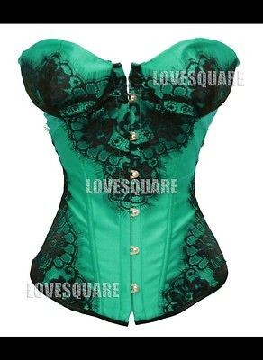 Green Black Lace Trim Satin Boned Corset S M L XL