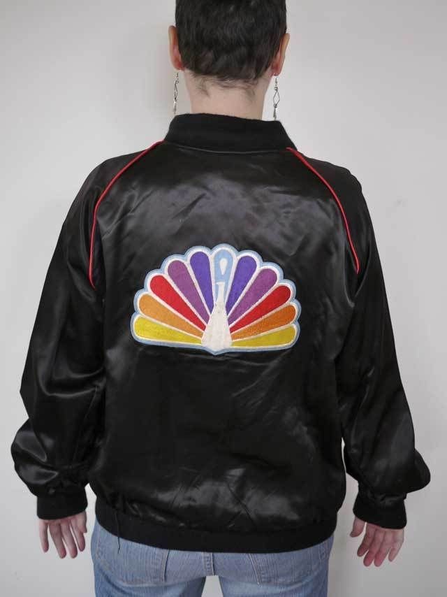 VINTAGE 1970s NBC Peacock Logo SHINY NYLON Cafe Racer Parka JACKET L