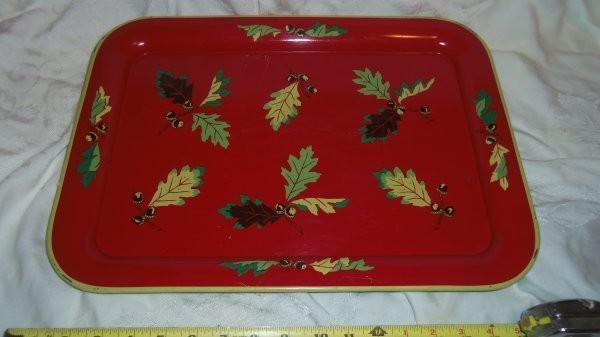 Vintage Red Metal Tole Style TV Bed Serving Tray Oak Leaves Acorns MCM