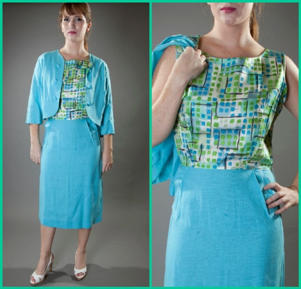 Turquoise Blue 60s Vtg Linen Summer Wiggle Mad Men Dress Suit sz M 