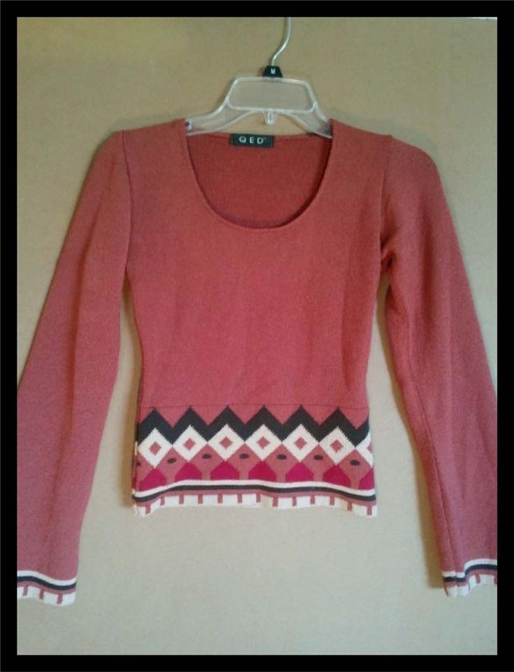 Rust Long Sleeve Scoop Neck Sweater Top QED Womens SZ 3 Aztec Pattern