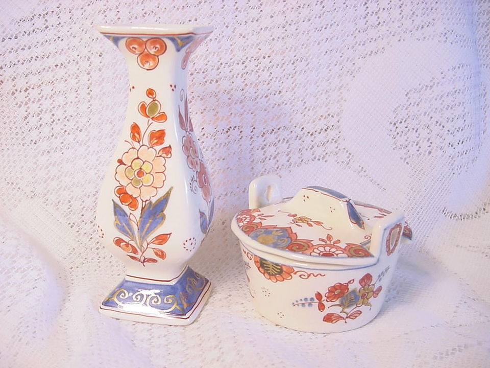   Delft De Porcelyne Fles Polychrome Covered Bowl & Bud Vase Holland