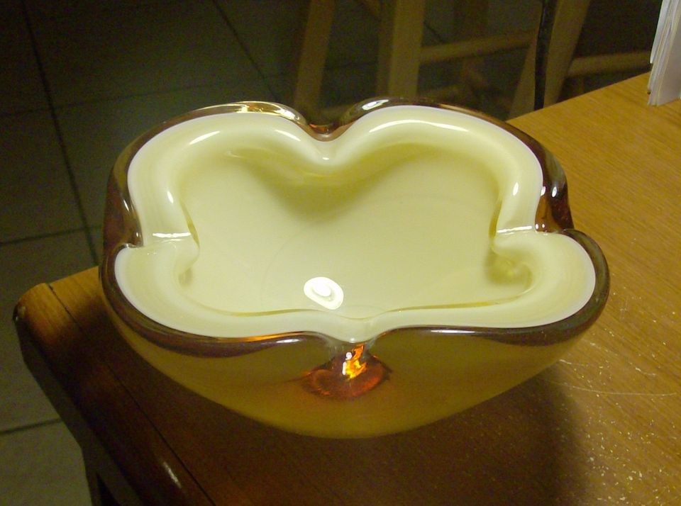 MURANO SOMMERSO CUSTARD/IVORY & AMBER GEODE ART GLASS BOWL CENEDESE 