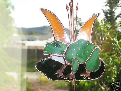 Stained Glass * FROG ON LILYPAD * Copper Plant Hook * IRON HOOK HOLDS 