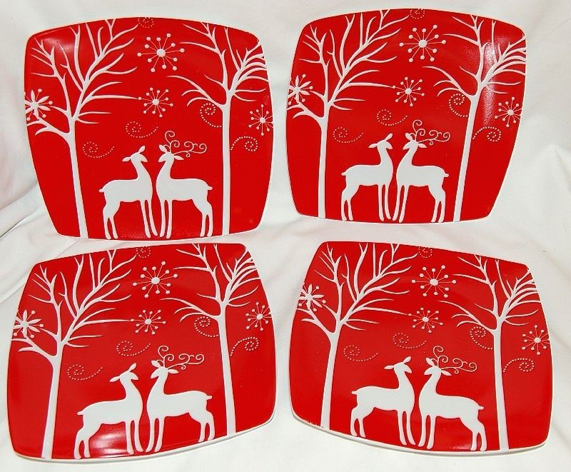 Set of 4 Ceramic SQUARE REINDEER DESSERT PLATES Brand New in Gift Box