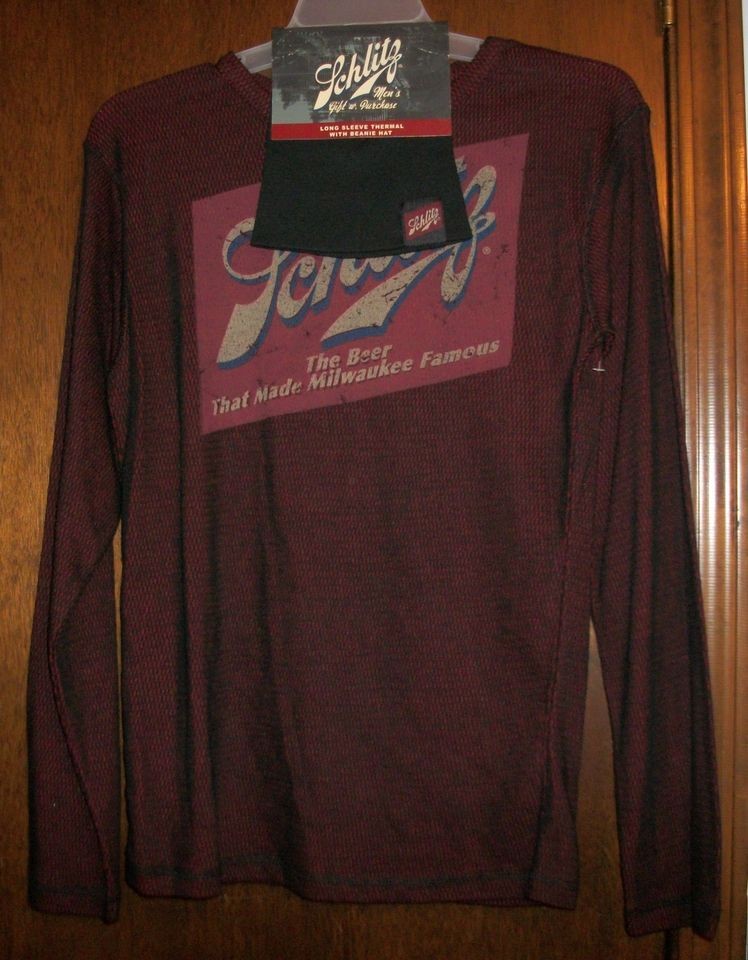 Mens Shirt sz M SCHLITZ Burgundy & Black Thermal Long Sleeved w/Beanie 