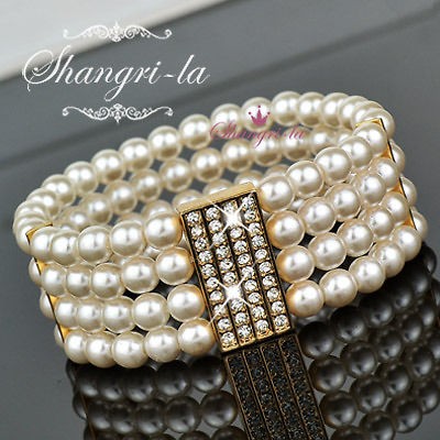 18K GOLD GP PEARL BRACELET Genuine SWAROVSKI CRYSTAL WEDDING PARTY 