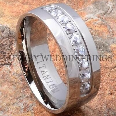 Mens Titanium Ring Diamonds Simulated Wedding Band Shiny Jewelry Size 