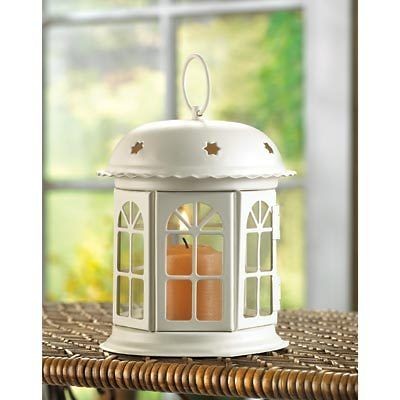 Set of 2 Small White Iron Gazebo Style Candle Lanterns with Clear 