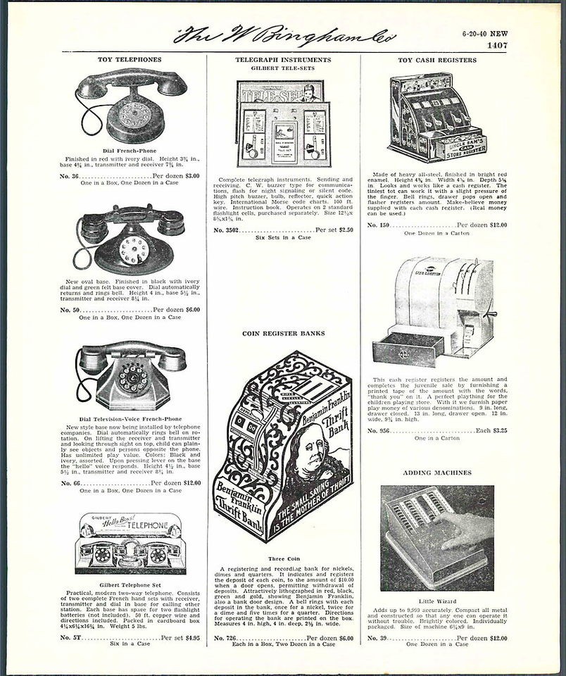 1939 40 Ad Toy Telephones Ben Franklin Coin Register Bank Typewriter 