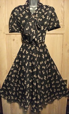 BLACK 14 POLKA DOT BOW VTG SWING 1950s ww2 pin up TEA dress ROCKABILLY 