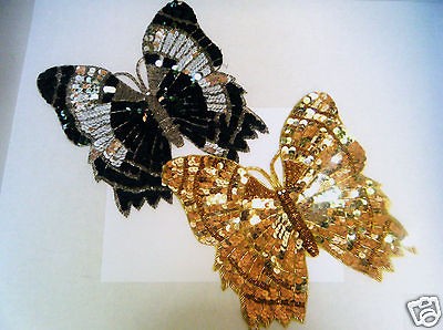 Two Vintage big Gold and silver Butterfly Appliques With Sequins free 