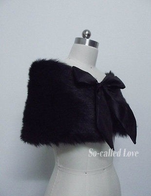 Black Faux Fur Shrug Cape Stole Wrap Special Occasion Wedding Bridal 