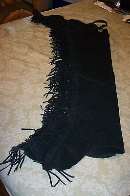 ADULT WESTERN FRINGE CHAPS BLACK SUEDE MEASUREMENTS DESCRIP, NEW