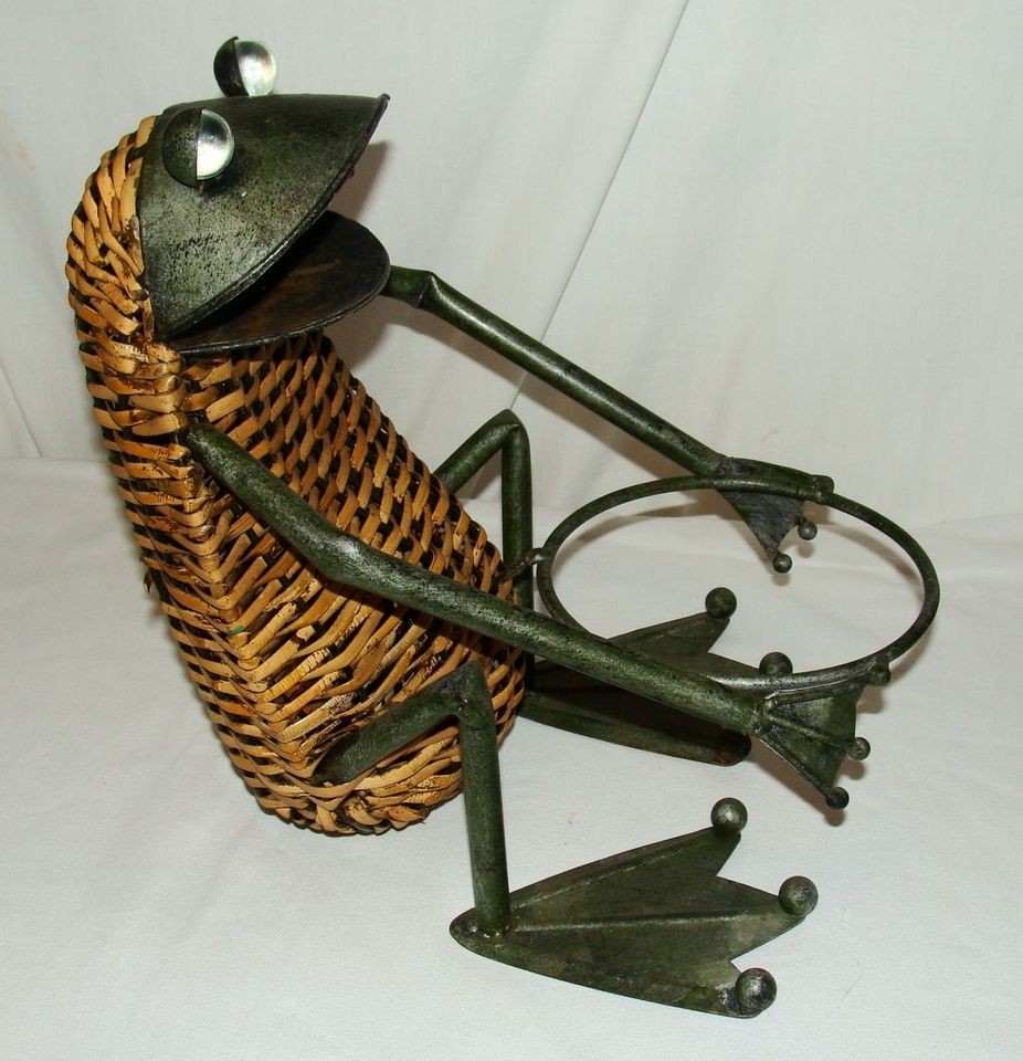 Frog Plant Stand Holder Wicker & Metal Marble Eyes Vintage Large 