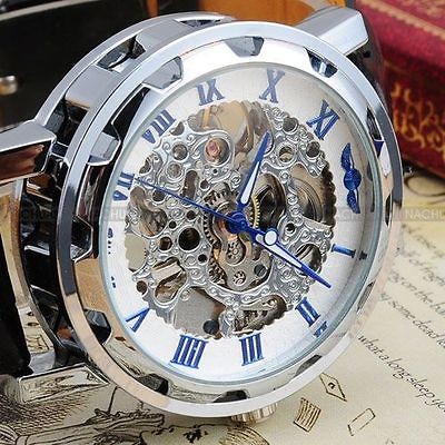   White Dial Mens Black Leather Skeleton Mechanical Analog Wrist Watch