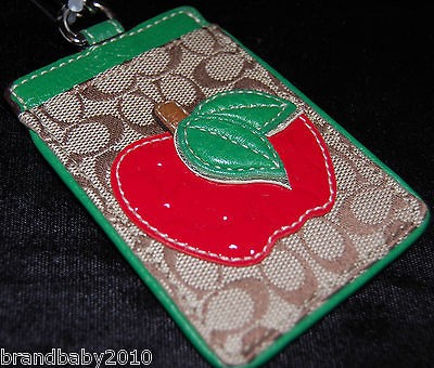 Coach Lanyard ID Badge Signature Khaki Embossed Patent Leather Red 