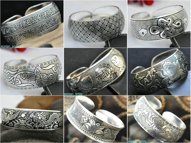 China Tibetan Tibet Silver Carved Totem Retro Lucky Cuff Bangle 