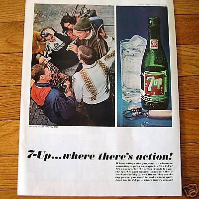 1965 vintage 7up soda bottle ad ski jumping theme time