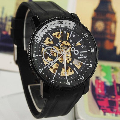 Military Army Men Black Automatic Hollow Dial Watch CHRO Style 