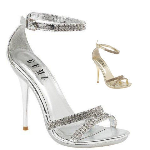 NEW LADIES BRIDAL DIAMANTE HIGH HEELS ANKLE STRAPPY WEDDING SANDALS 