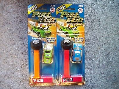 SET OF BOTH NEW RELEASE HOT WHEELS CARS PULL & GO PEZ MINT ON CARDS