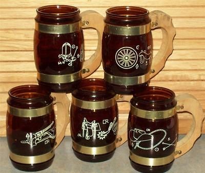   Vintage SET/ 5 pint COWBOY MUGS Root BEER Glasses BAR WARE Numbered