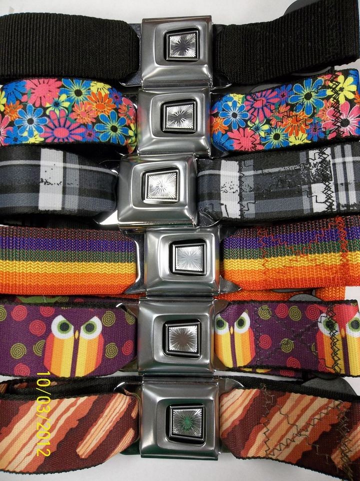 SEATBELT BELT STARBURST OWL FLOWERS PLAID SOLID BLACK BACON STRIPS 