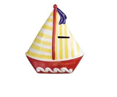 Ceramic Sailboat Bank Coin Bank, Piggy Bank   Red Hull with Yellow 