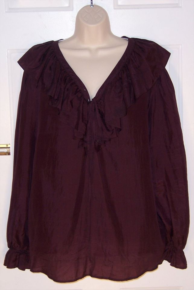 WINE COLORED SIZE LARGE 100% SILK BLOUSE. Long Sleeves Scoop Ruffle 