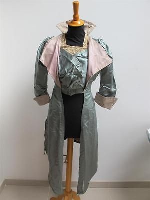 ANTIQUE EDWARDIAN GREEN & PINK SILK LADIES EVENING TAIL COAT JACKET 