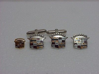 CADILLAC LOGO COMPANY CUFFLINKS and 2 TIE TACK / LAPEL PINS CUFF LINK 