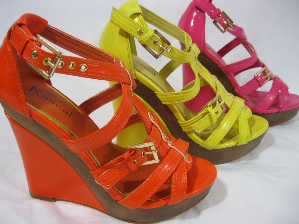 Rascal Wood Trim High Wedges Neon Orange / Pink / Sunshine Yellow 3 4 