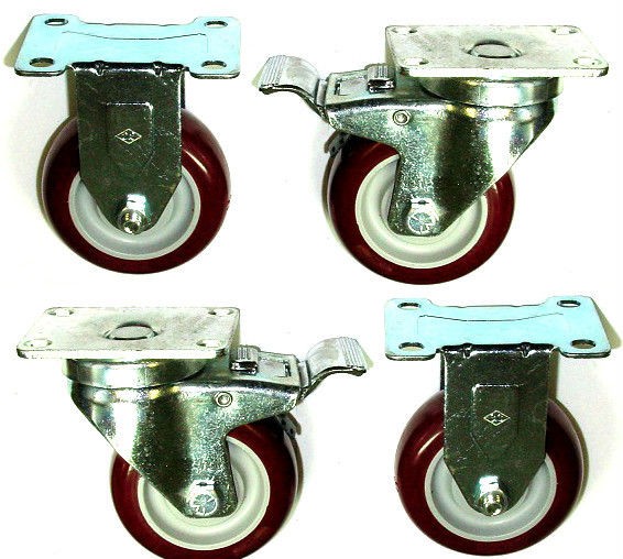 Set of 4 Casters with 3 1/2 Maroon Polyurethane Wheels (2 Rigid) (2 