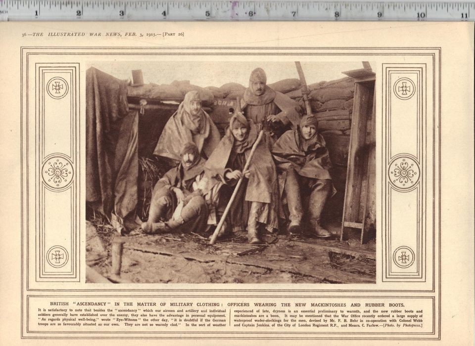 OFFICERS IN THE TRENCHES WEARING THE NEW MACKINTOSHES & RUBBER BOOTS 