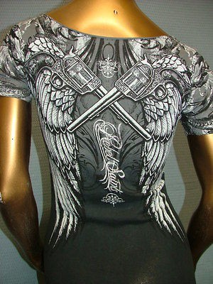 REBEL SAINTS by AFFLICTION Sexy RHINESTONES Guns Wings SINFUL T SHIRT 