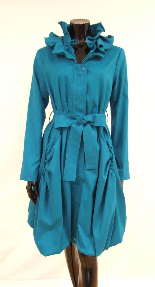 SAMUEL DONG DUPIONI RUFFLE NECK BUBBLE TRENCH COAT TWILIGHT BLUE NWT