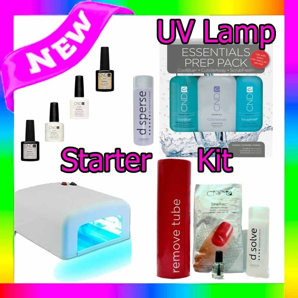 CND 12 ITEM STARTER KIT 36w UV LAMP 2 x SHELLAC COLOUR TOP BASE COAT 