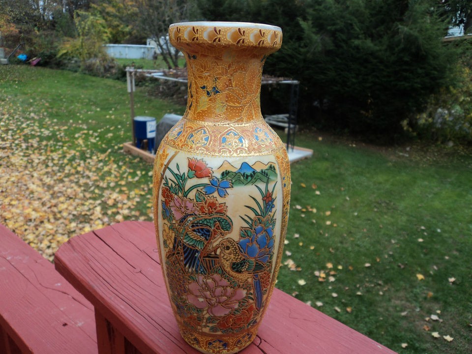 Vintage Asian MORIAGE SATSUMA PORCELAIN vase PEACOCK GEISHA PARROTS 